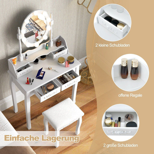 Coiffeuse avec éclairage LED, luminosité réglable, coiffeuse avec 4 tiroirs, blanche