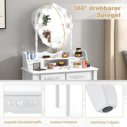 Coiffeuse avec éclairage LED, luminosité réglable, coiffeuse avec 4 tiroirs, blanche