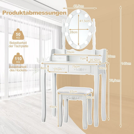 Coiffeuse avec éclairage LED, luminosité réglable, coiffeuse avec 4 tiroirs, blanche