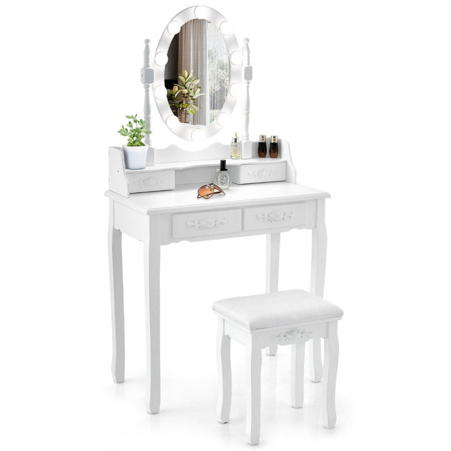Coiffeuse avec éclairage LED, luminosité réglable, coiffeuse avec 4 tiroirs, blanche