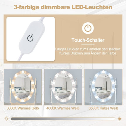 Coiffeuse avec éclairage LED, luminosité réglable, coiffeuse avec 4 tiroirs, blanche