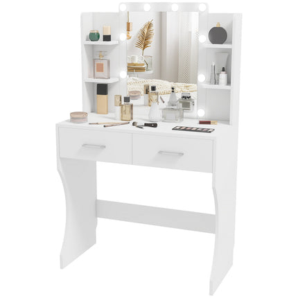 Coiffeuse avec miroir et lumières LED à intensité variable, tiroirs, étagères, blanc