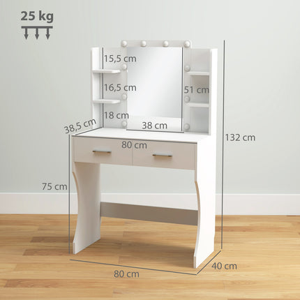 Coiffeuse avec miroir et lumières LED à intensité variable, tiroirs, étagères, blanc