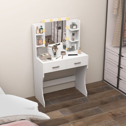 Coiffeuse avec miroir et lumières LED à intensité variable, tiroirs, étagères, blanc