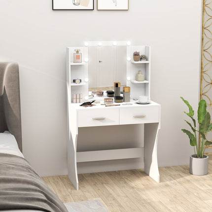 Coiffeuse avec miroir et lumières LED à intensité variable, tiroirs, étagères, blanc