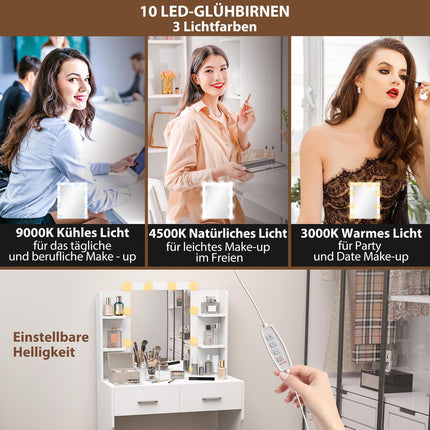 Coiffeuse avec miroir et lumières LED à intensité variable, tiroirs, étagères, blanc