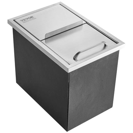 Drop-In Ice Bin, 28 Qt Stainless Steel, Sliding Lid, Drain