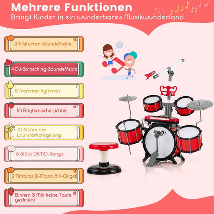 Batterie pour enfants avec clavier, tabouret, micro, pupitre, rouge
