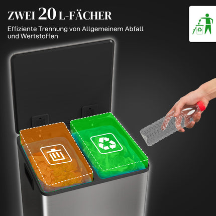 Mülleimer mit zwei Fächern, 40L, Soft-Close, Edelstahl