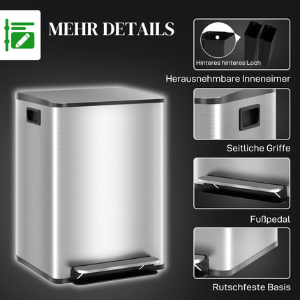 Mülleimer mit zwei Fächern, 40L, Soft-Close, Edelstahl