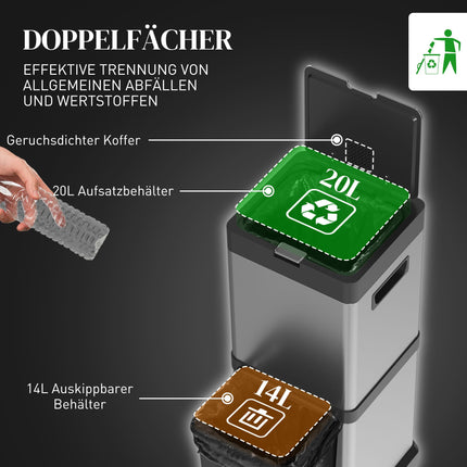 Poubelle à double compartiment, en acier inoxydable, capacité totale de 34 L