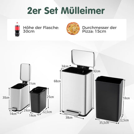 Mülleimer-Set, 40L & 6L, Edelstahl, mit Soft-Close-Funktion