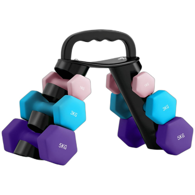 Ensemble d'haltères avec support - 6 poids : 2 x 1 kg, 2 x 3 kg, 2 x 5 kg