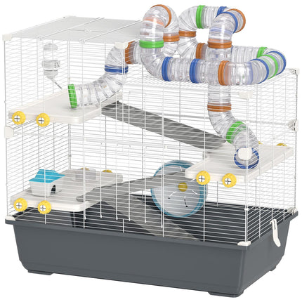 Cage pour hamster nain, 4 niveaux, système tunnel, cabane, accessoires, ouverture par le haut, 78 x 45 x 73 cm, gris