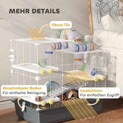 Cage pour hamster nain, 4 niveaux, système tunnel, cabane, accessoires, ouverture par le haut, 78 x 45 x 73 cm, gris