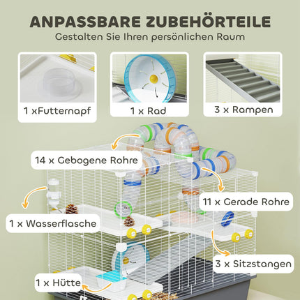 Cage pour hamster nain, 4 niveaux, système tunnel, cabane, accessoires, ouverture par le haut, 78 x 45 x 73 cm, gris