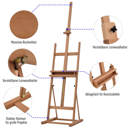 Verstellbare Staffelei aus Buchenholz mit Ablage, 53-230cm