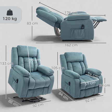 Fauteuil inclinable bleu électrique avec télécommande et poches latérales