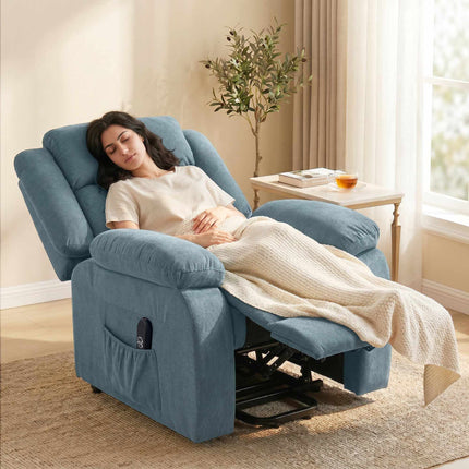 Fauteuil inclinable bleu électrique avec télécommande et poches latérales