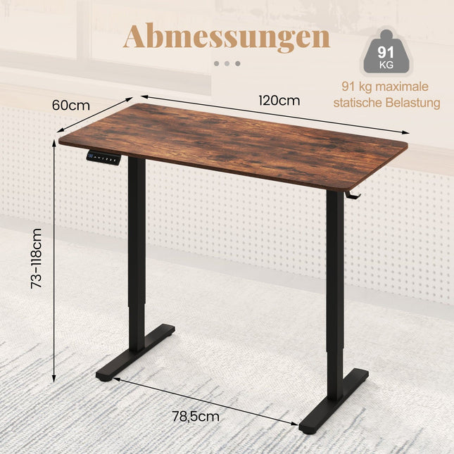 Bureau électrique à hauteur réglable, 120 x 60 cm, marron rustique