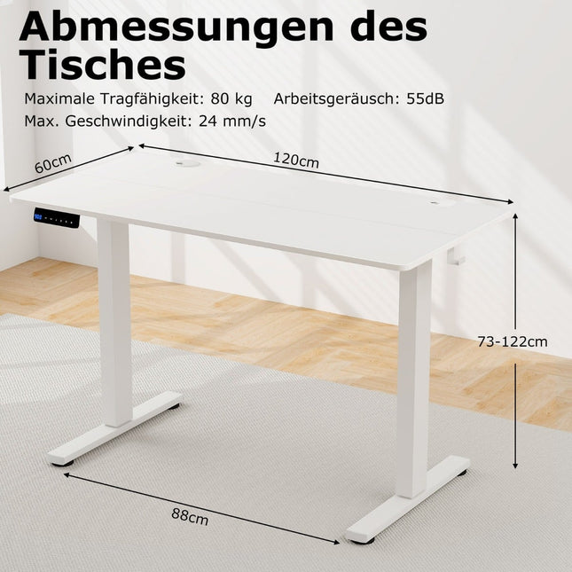 Bureau électrique à hauteur réglable, 120 x 60 cm, blanc