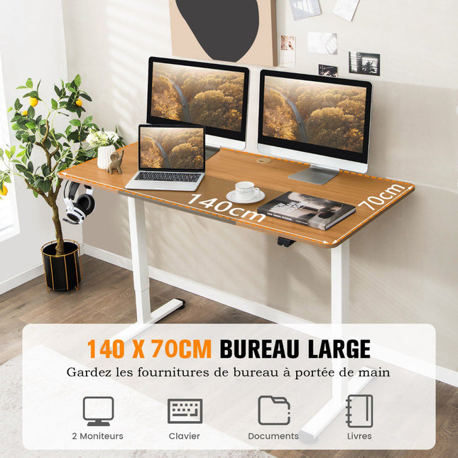 Bureau assis-debout électrique à hauteur réglable, 140 x 70 cm, chêne