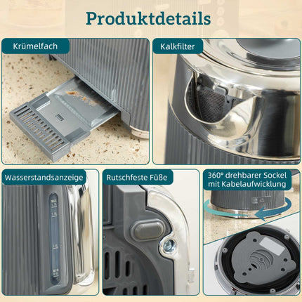 Bouilloire électrique 1,7 L 2200 W et grille-pain 4 tranches, gris