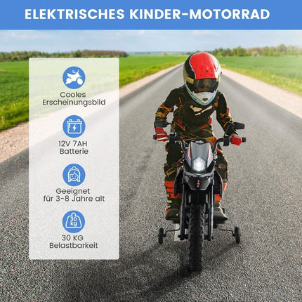 Moto électrique pour enfants avec roues d'entraînement, musique et batterie 12 V
