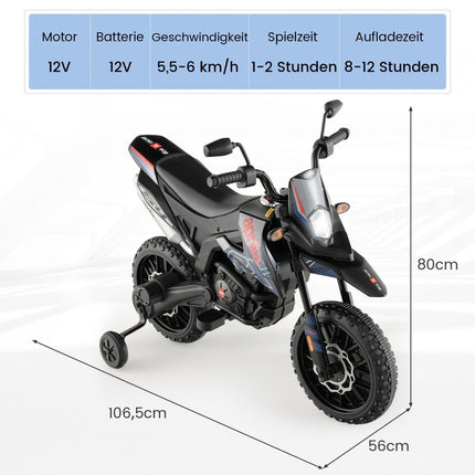 Moto électrique pour enfants avec roues d'entraînement, musique et batterie 12 V