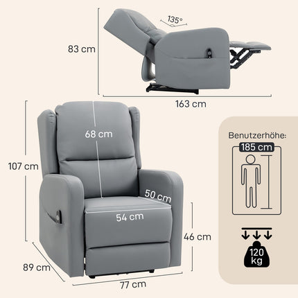 Fauteuil inclinable électrique, similicuir, gris, repose-pieds