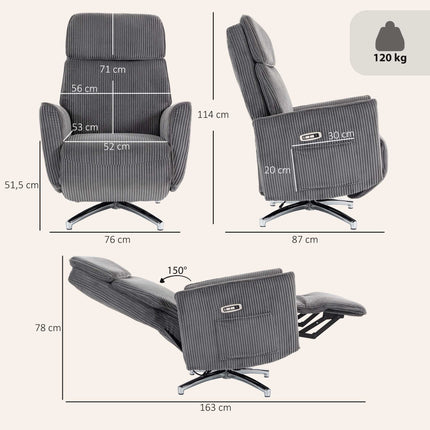 Fauteuil inclinable électrique à double moteur, port USB, gris foncé