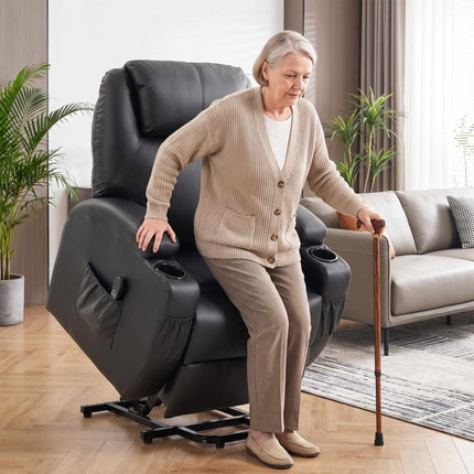 Elektrischer Relaxsessel mit Aufstehhilfe, USB-Anschluss, schwarzes Kunstleder
