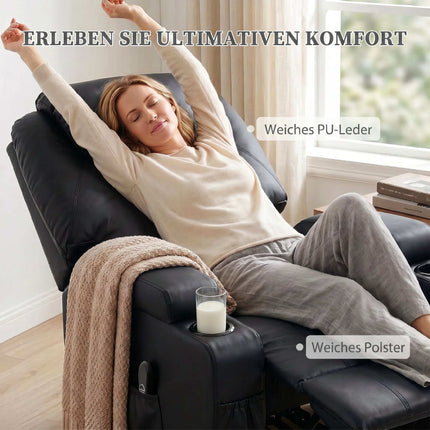 Elektrischer Relaxsessel mit Aufstehhilfe, USB-Anschluss, schwarzes Kunstleder
