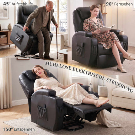 Elektrischer Relaxsessel mit Aufstehhilfe, USB-Anschluss, schwarzes Kunstleder