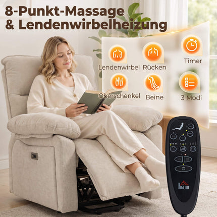 Fauteuil inclinable électrique avec massage et chauffage, tissu chenille crème