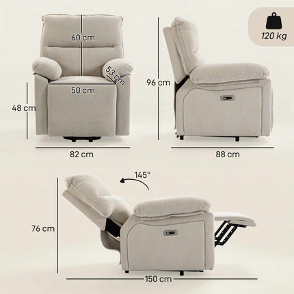 Fauteuil inclinable électrique avec massage et chauffage, tissu chenille crème