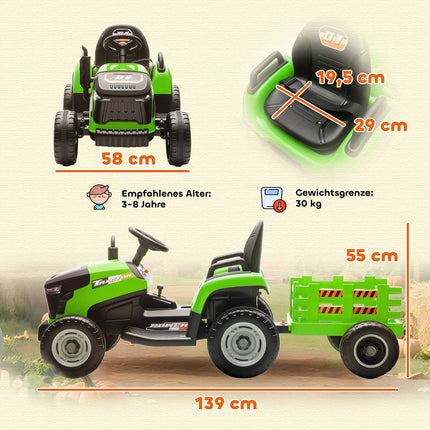 Tracteur électrique à conducteur porté avec télécommande, 3-8 ans, vert
