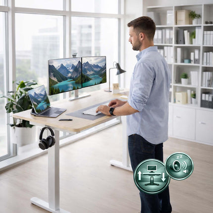 Bureau assis-debout électrique - Plateau effet bois, réglages mémorisables