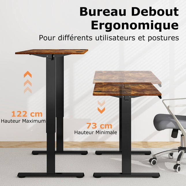 Bureau assis-debout électrique 120 x 60 cm, hauteur réglable de 73 à 122 cm