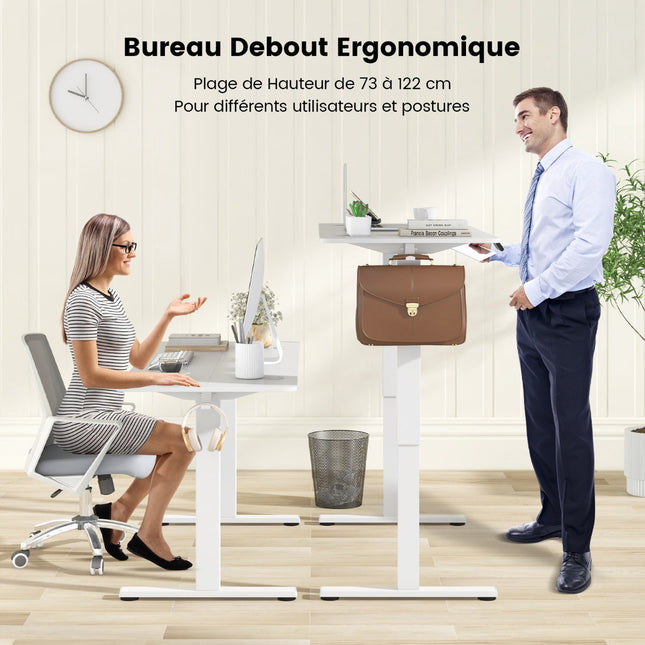 Bureau assis-debout électrique 140 x 60 cm, hauteur réglable, blanc