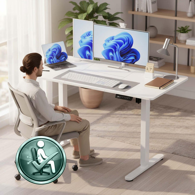 Bureau assis-debout électrique, plateau effet bois, réglages préréglés