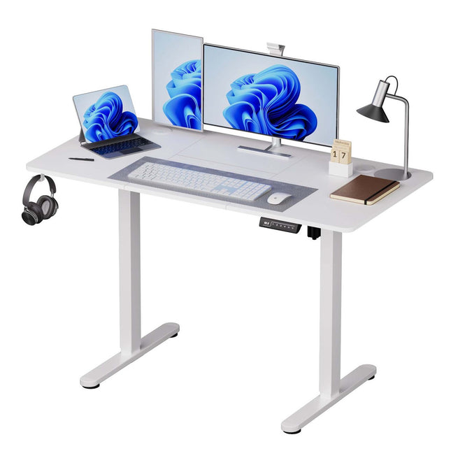 Bureau assis-debout électrique, plateau effet bois, réglages préréglés