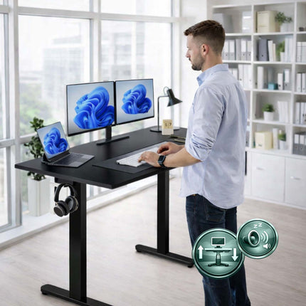 Bureau assis-debout électrique - Plateau effet bois, réglages mémorisables