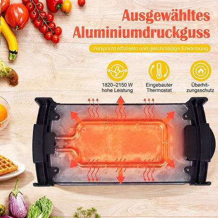 Elektrischer Tischgrill, 2150 W, Zwei-Zonen-Grill, Antihaftbeschichtung, 44 x 24 cm