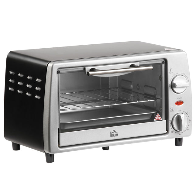 Four électrique 10L température réglable et minuterie, grill et poêle inclus, 750W, 36,5x26x22cm, argent noir