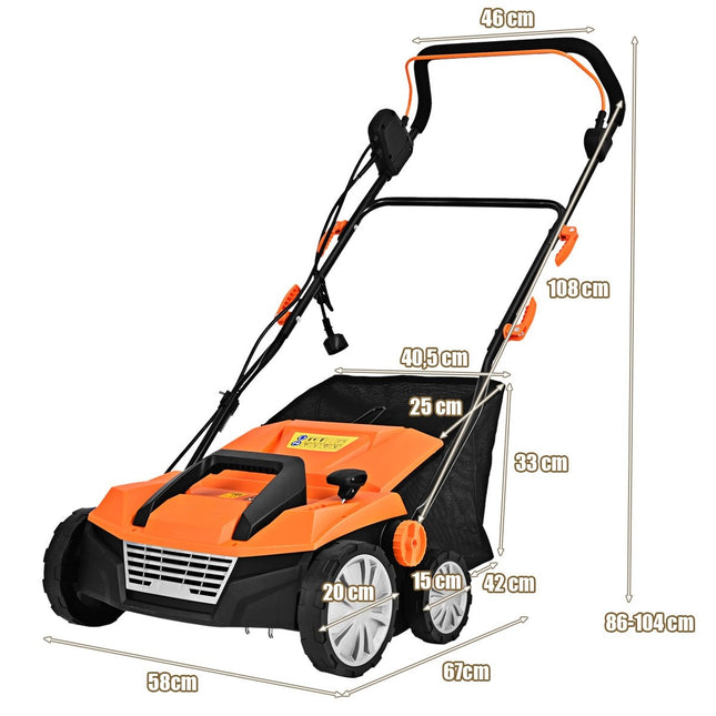Aérateur scarificateur électrique 1800W 2 niveaux profondeur de travail 67 x 58 x 86 - 104 cm orange