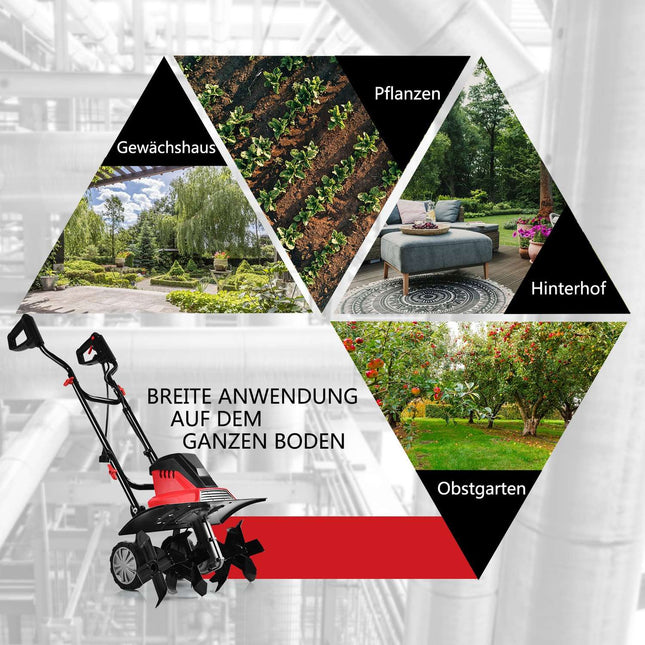 Motobineuse électrique et cultivateur, mini cultivateur, motoculteur électrique, motoculteur de jardin, rouge et noir