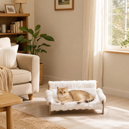 Lit surélevé pour chat avec cadre en bois et housse en peluche amovible
