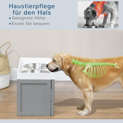 Erhöhter Hundenapf mit Stauraum und 2 Edelstahlnäpfen, Weiß