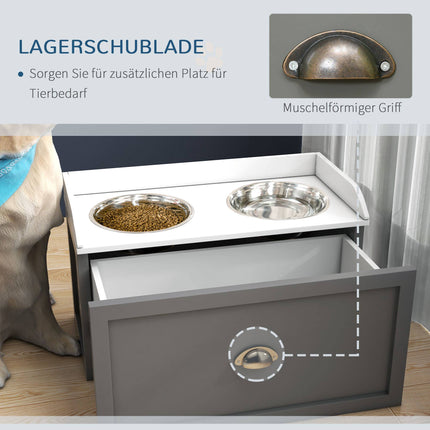 Erhöhter Hundenapf mit Stauraum und 2 Edelstahlnäpfen, Weiß